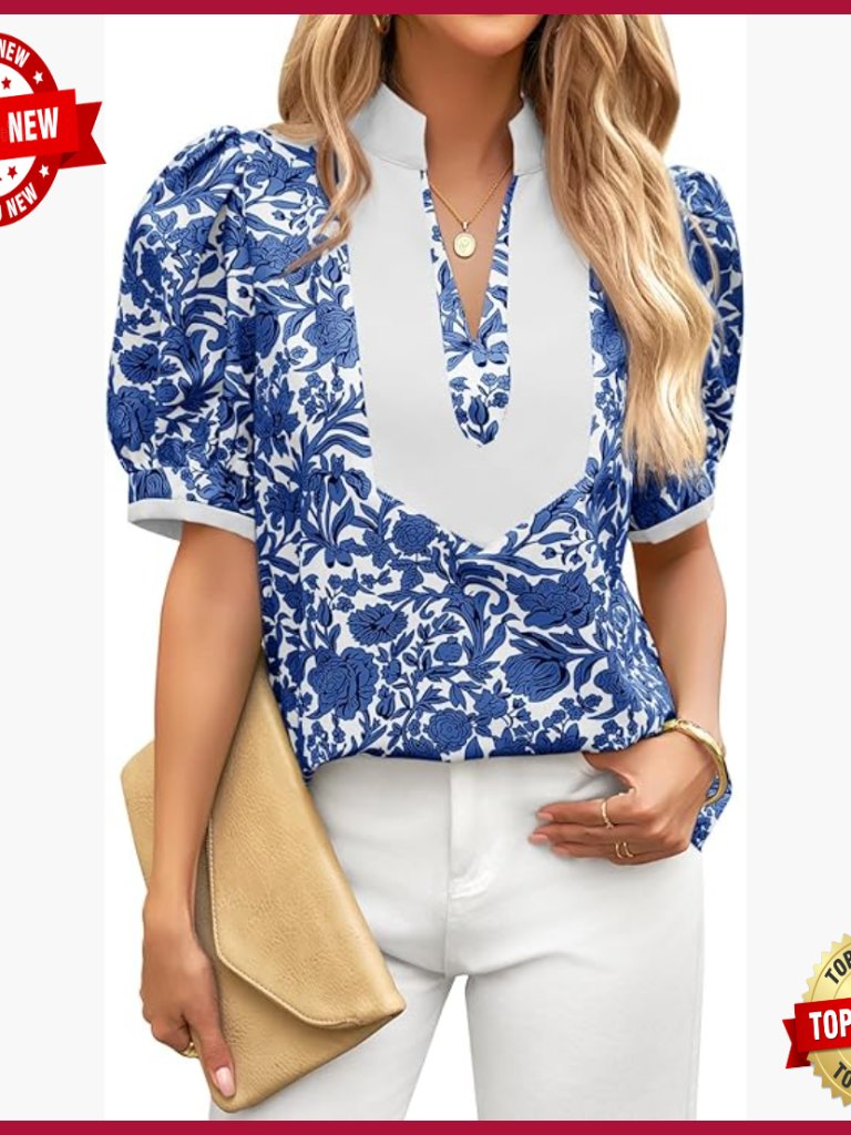 Floral Puff Sleeve Blouse, V-Neck Patchwork, Boho Summer Top, Regular Fit
